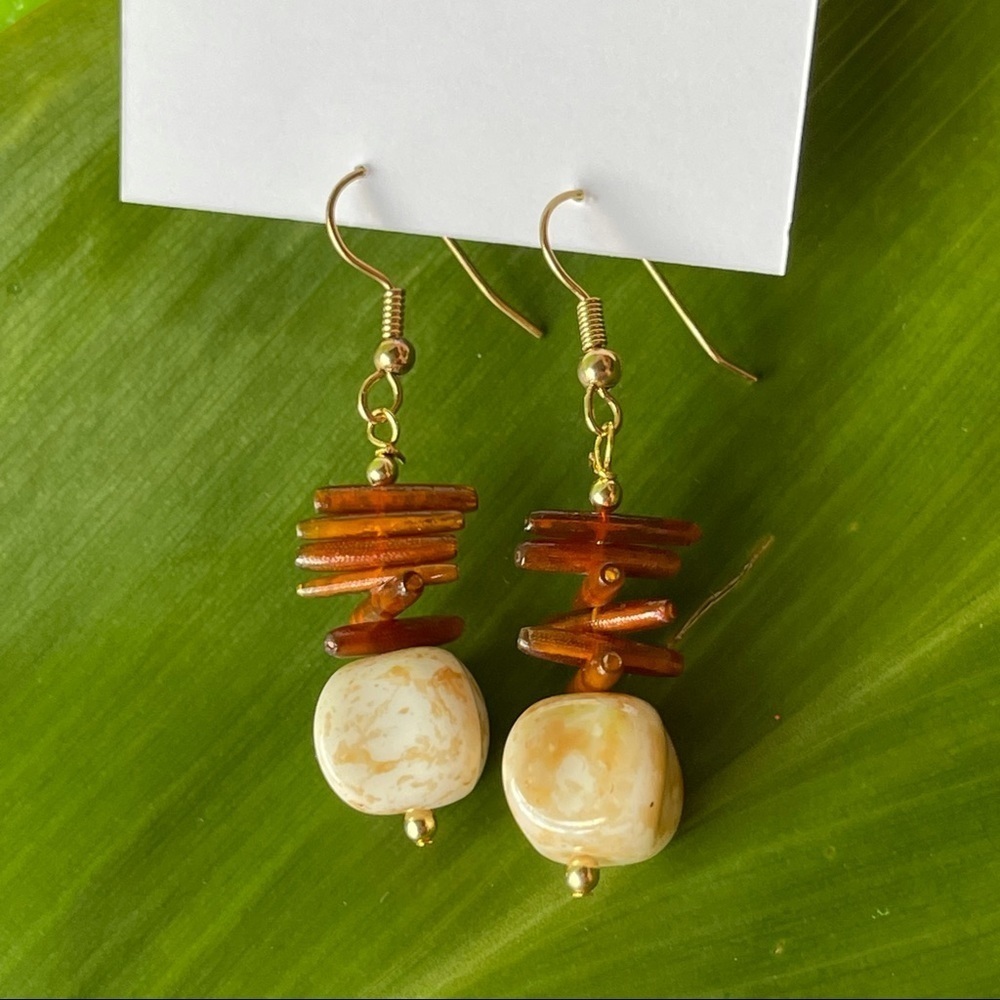 Coral and Old Porcelain Beads Dangle Earrings